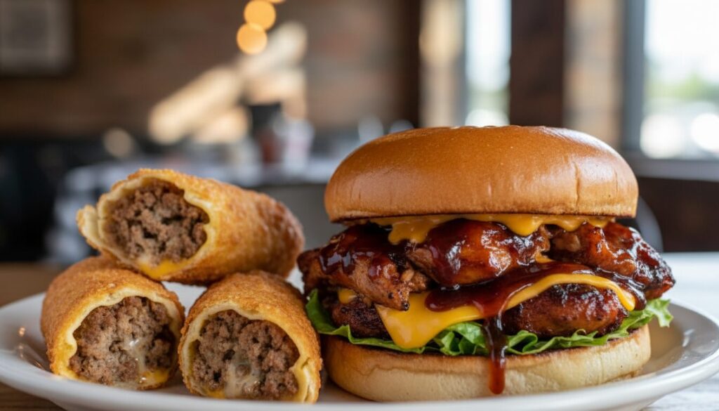 découvrez les recettes savoureuses de guy fieri avec un sandwich au poulet bbq bourbon et sucre brun, accompagné de rouleaux d'œufs au fromage haché, parfaits pour un repas riche en saveurs.