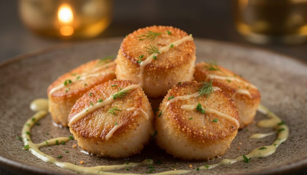 découvrez nos délicieuses saint-jacques croustillantes en chapelure panko, poêlées à la perfection pour un plat savoureux et gourmand.