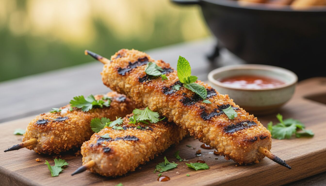 découvrez une recette savoureuse de brochettes de porc panées à la chapelure panko, délicatement grillées pour un résultat croustillant et plein de saveurs.