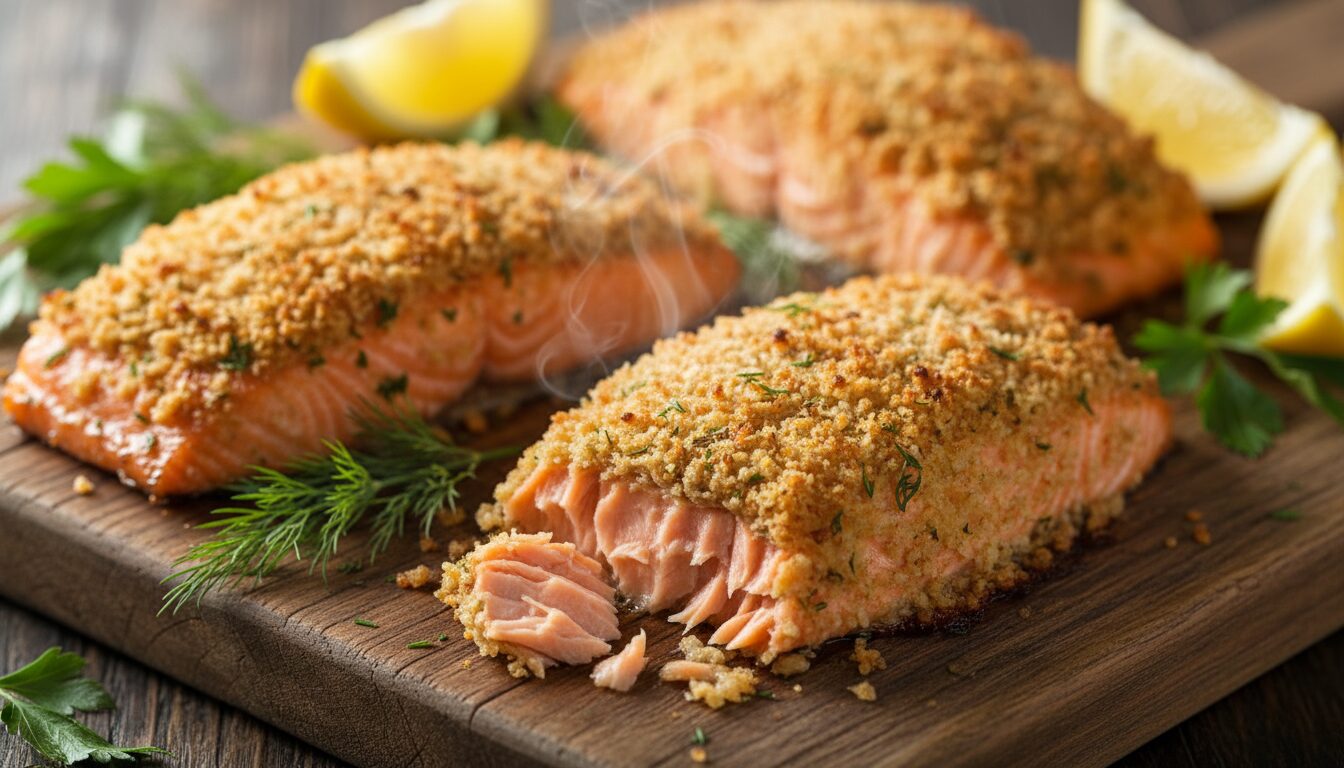 découvrez notre recette de filets de saumon croustillants, recouverts de chapelure panko et rôtis au four pour un plat savoureux et léger.