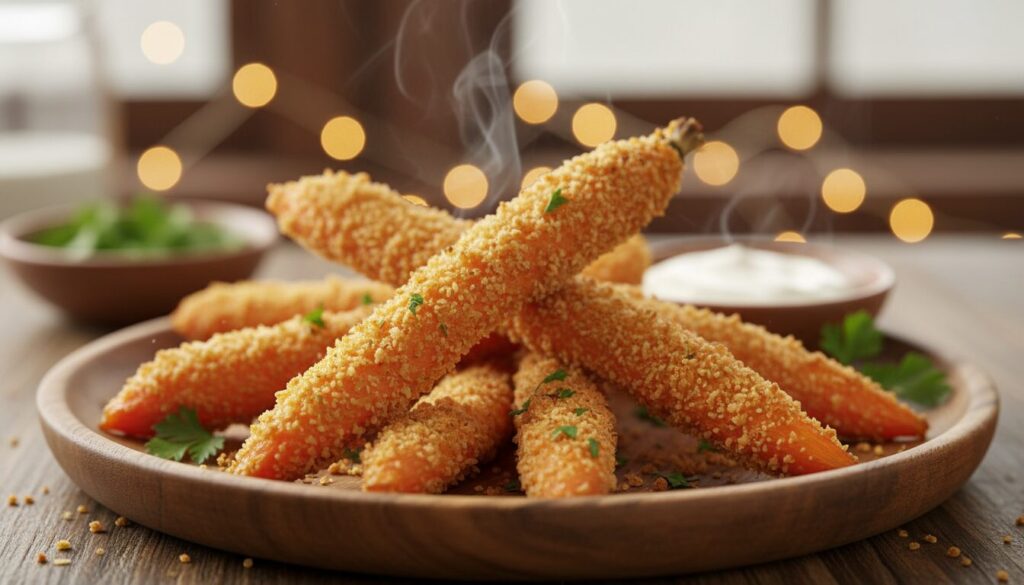 découvrez nos tendres bâtonnets de carottes panés au panko, poêlés doucement pour une texture croustillante et un goût délicat, parfaits en apéritif ou en accompagnement sain.