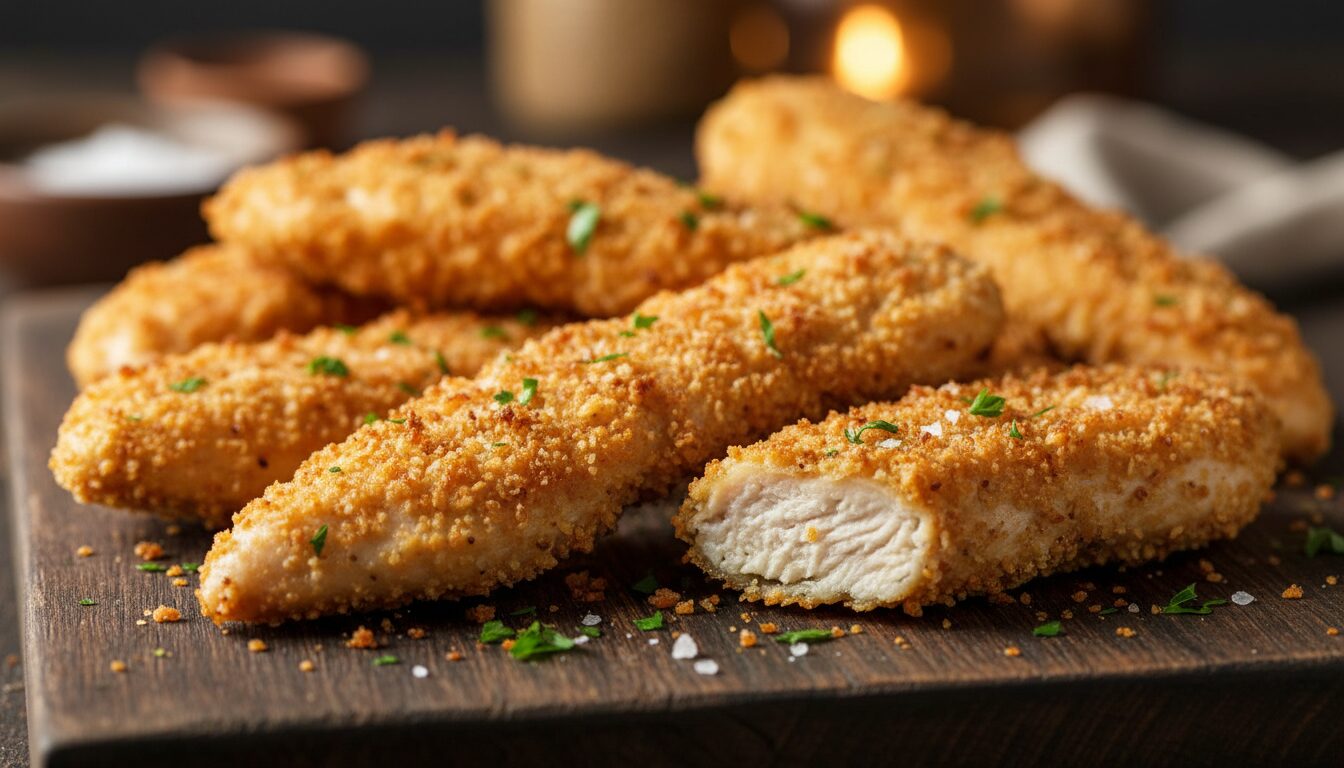 découvrez une recette savoureuse de blancs de poulet marinés et enrobés de chapelure panko, cuits au four pour un plat croustillant et léger.