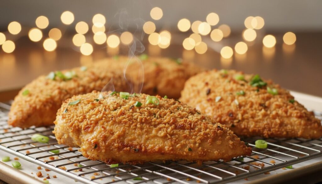 découvrez notre recette savoureuse de blancs de poulet marinés, enrobés de chapelure panko croustillante et cuits au four pour un plat léger et gourmand.