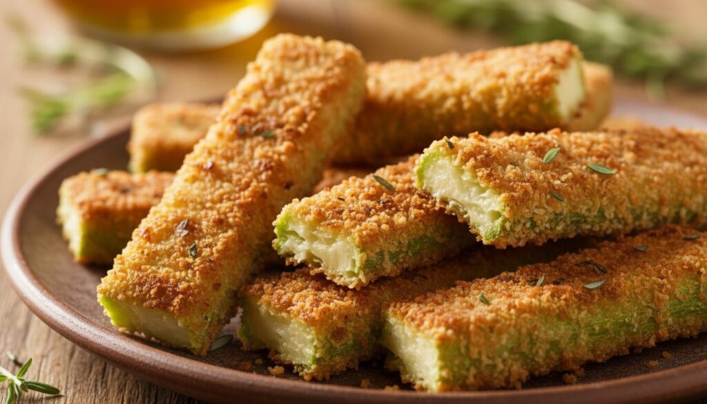 découvrez une recette facile et savoureuse de courgettes coupées en bâtonnets, enrobées de panko croustillant et grillées à la poêle pour un accompagnement léger et gourmand.