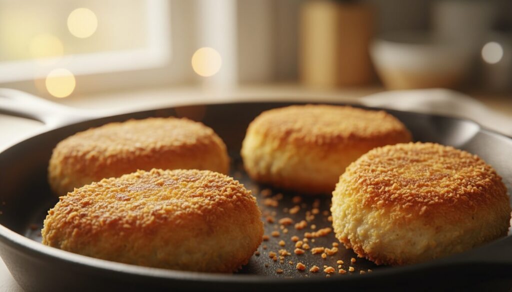 délicieuses croquettes de poulet croustillantes en chapelure panko, parfaitement frites à la poêle pour un plat savoureux et facile à préparer.
