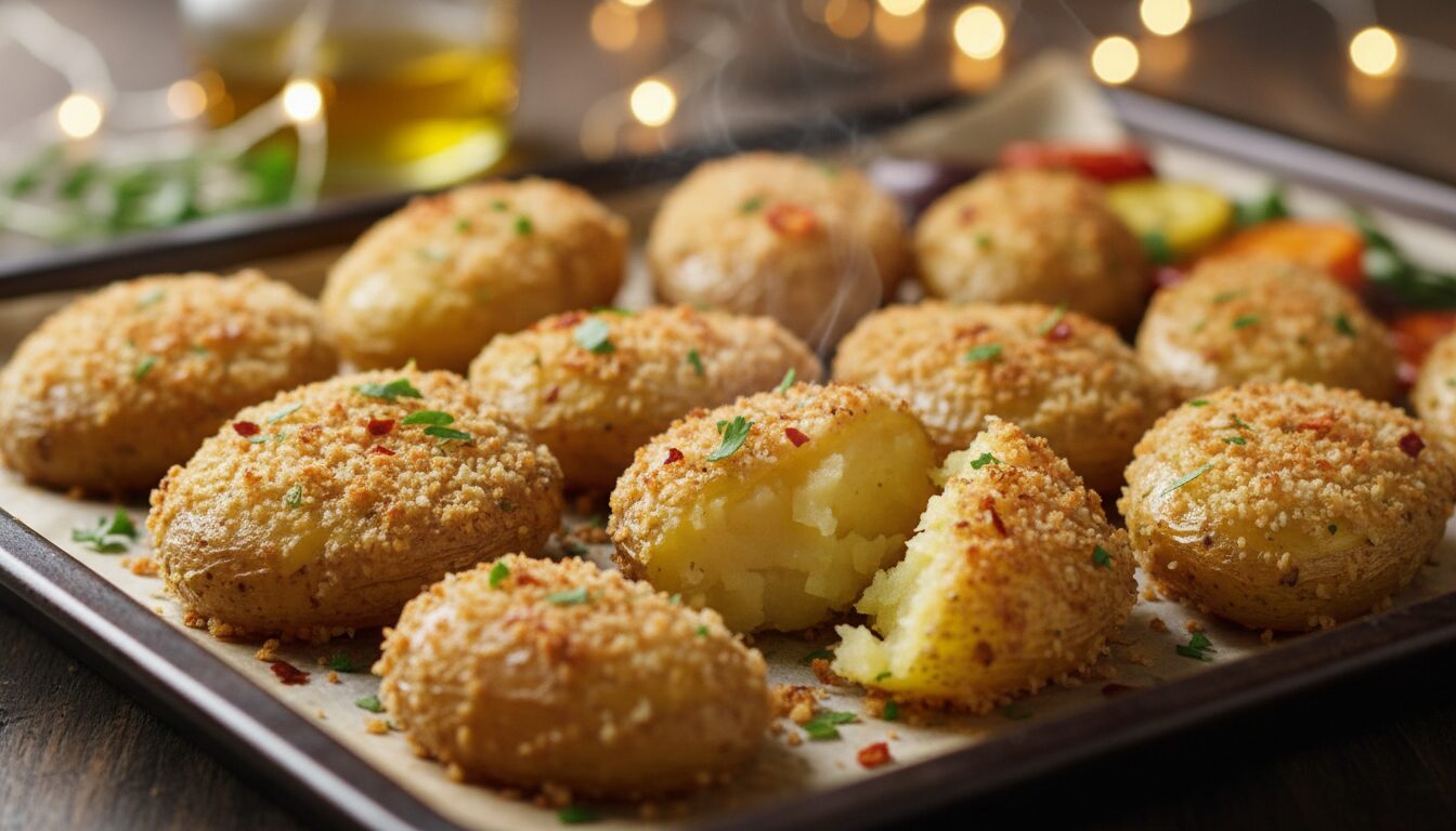 découvrez des pommes de terre nouvelles croustillantes enrobées de chapelure panko et rôties au four pour un plat savoureux et léger, parfait en accompagnement ou en snack gourmand.
