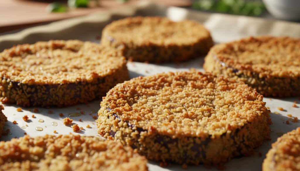 découvrez nos rondelles d’aubergine panées au panko, cuites au four pour une texture croustillante et un goût savoureux, une recette saine et gourmande.