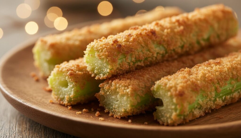 délicieux bâtonnets de céleri croustillants, panés avec de la chapelure panko et poêlés à la perfection pour une texture légère et savoureuse.