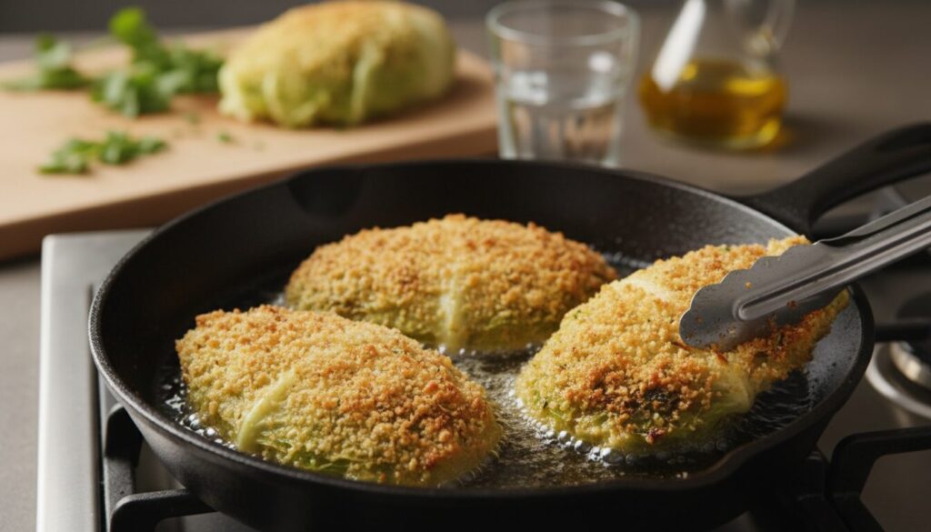 découvrez la recette facile et savoureuse des feuilles de chou panées au panko, croustillantes et dorées, frites à la poêle pour un délicieux accompagnement ou apéritif.