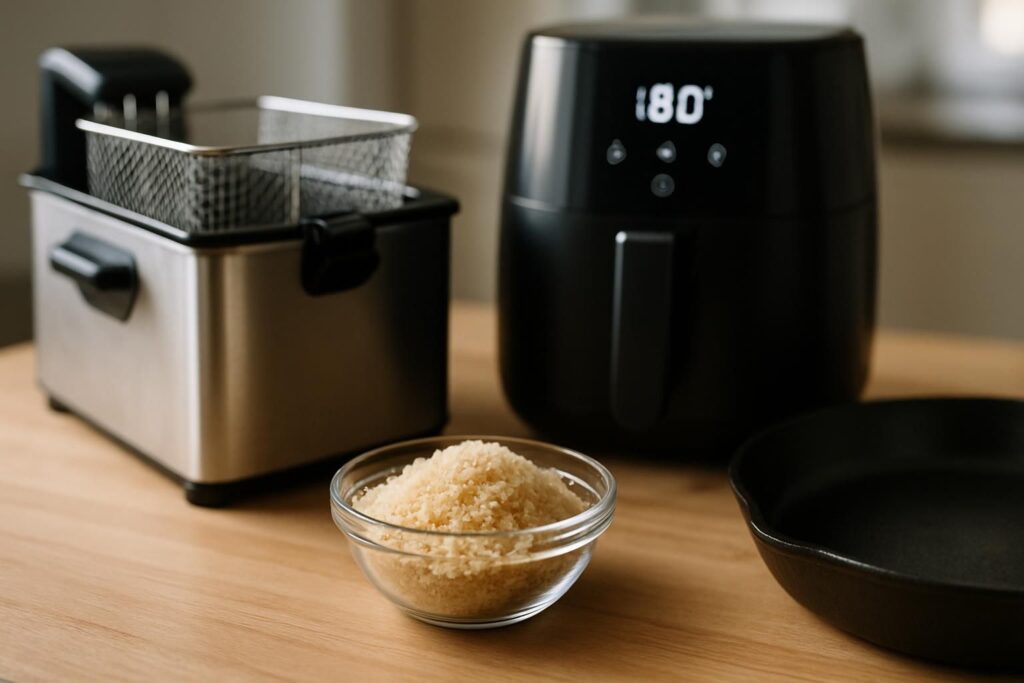 découvrez quel ustensile de cuisson, entre friteuse classique, airfryer ou poêle, est le plus adapté pour obtenir une chapelure panko parfaite, croustillante et légère.